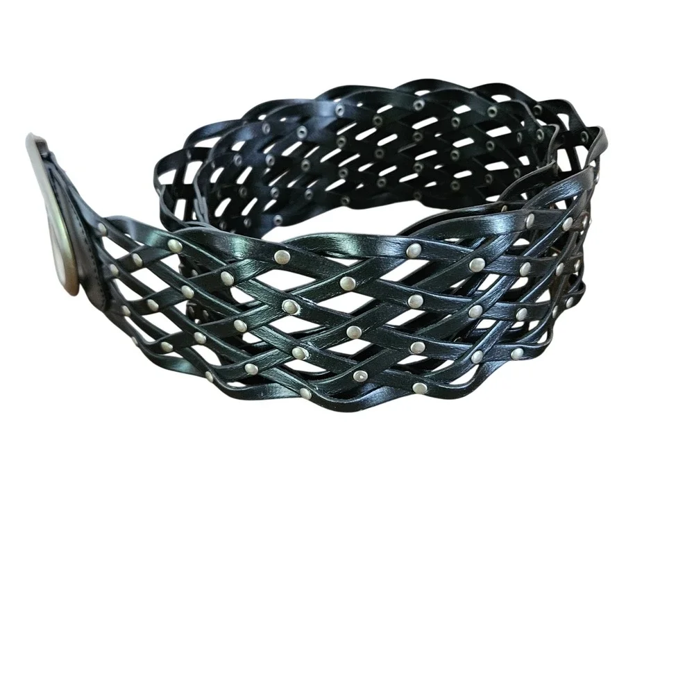 Black Woven Bonded Leather Studded Wide Belt Round Silver Buckle L/XL Boho